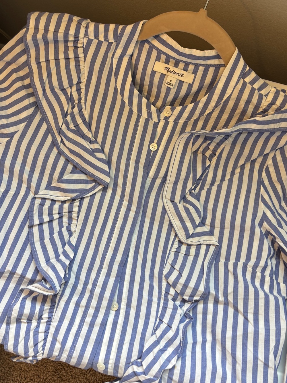 Madewell Blue & White Striped Ruffle Button-Down Shirt